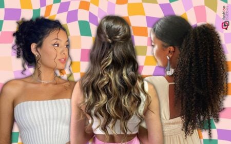 3 fotos de penteados fáceis diferentes em fundo quadriculado colorido