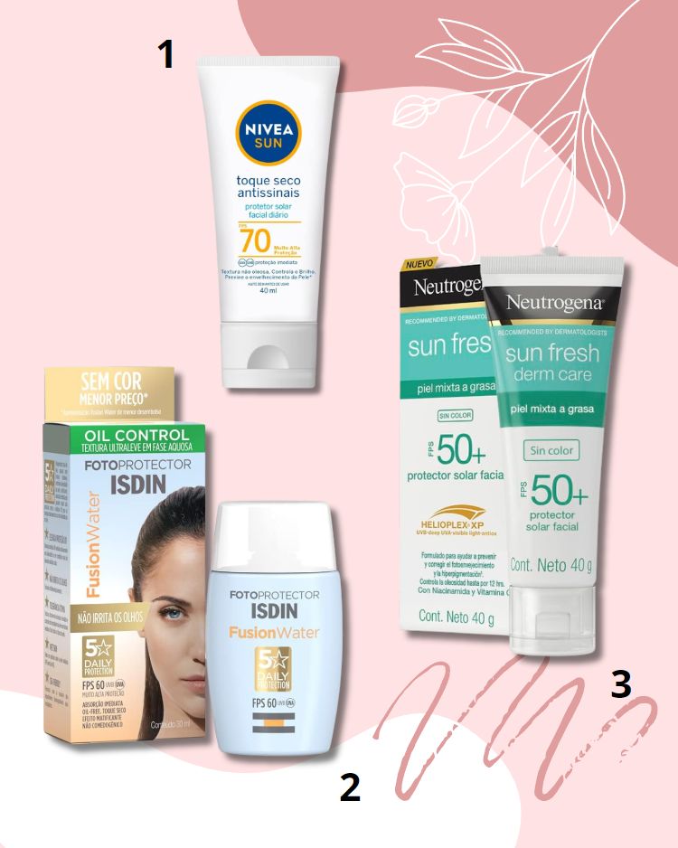 Montagem com 3 itens de proteção solar facial para comprar na Amazon - skincare
