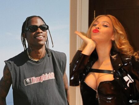Montagem com foto de Travis Scott e Beyoncé