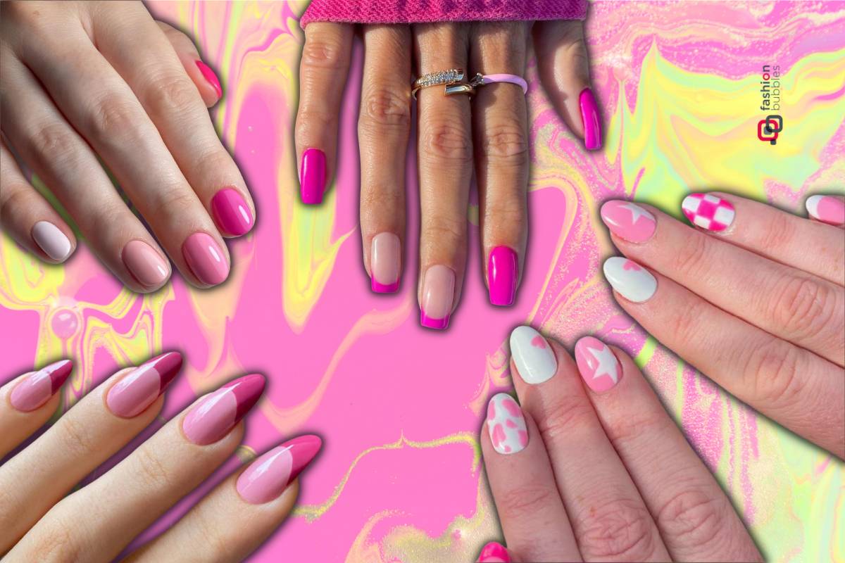 fundo colorido com foto de 4 ideias de unhas decoradas rosa para entrar na tendência Barbiecore