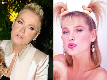 Duas fotos de Xuxa quando mais nova e hoje