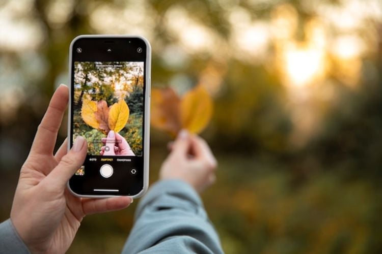 mulher tirando foto de folhas secas usando truque de smartphone