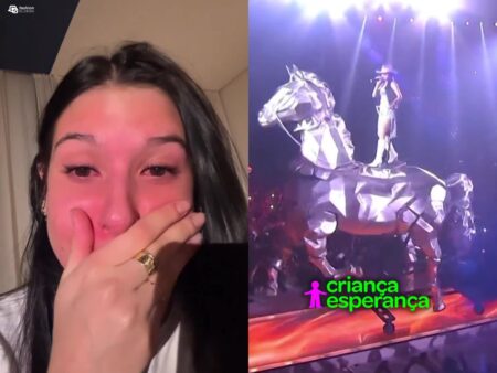 Montagem com foto de Ana Castela chorando e no Criança Esperança se apresentando em cavalo brilhante