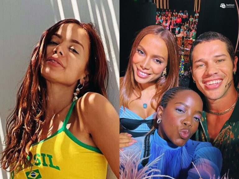 Montagem com foto de Anitta e selfie da atriz Clara Moneke, a cantora e José Loreto