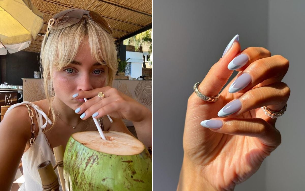 montagem com foto de Sabrina Carpenter usando blueberry milk nails ao lado de foto de mão com unha decorada francesinha azul-clara