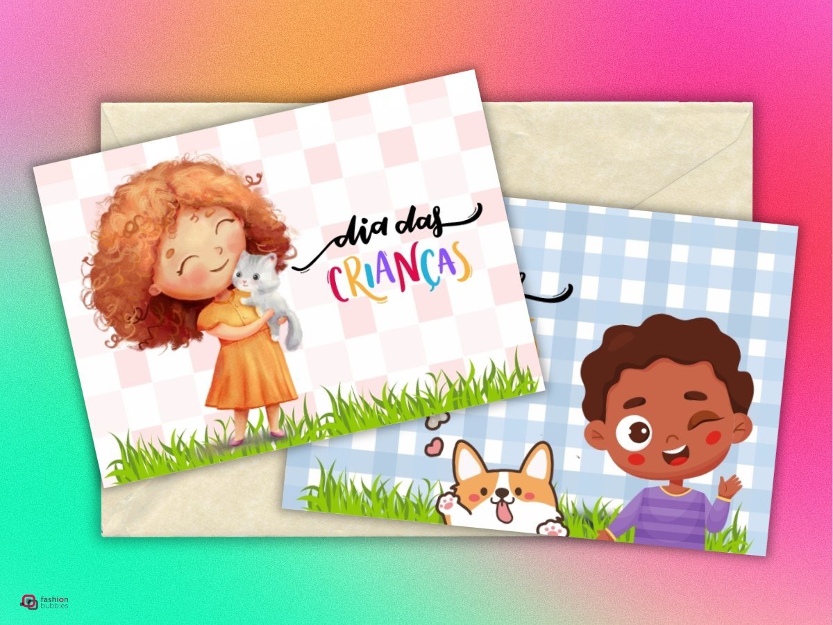 Montagem fundo colorido + cartões de Dia das Crianças sob envelope