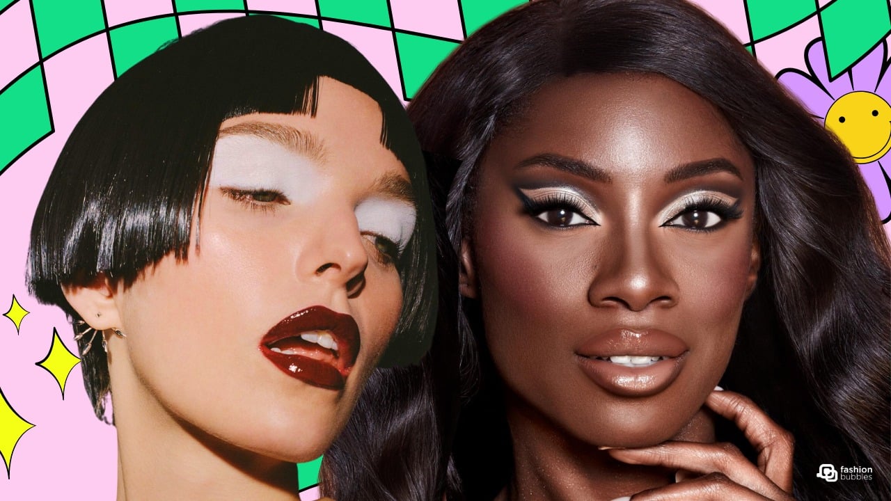 Montagem com foto de duas mulheres maquiadas, com tendências de make 2023