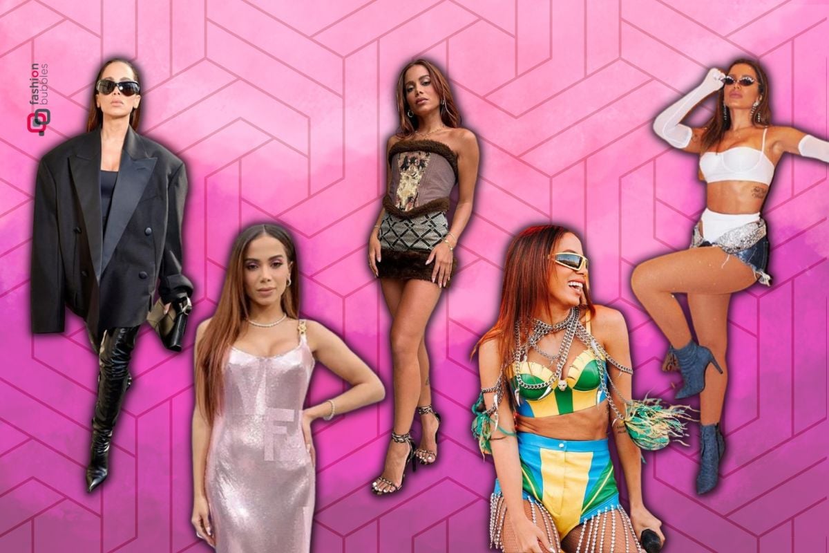 fundo rosa com 5 fotos de looks que mostram o estilo da cantora Anitta