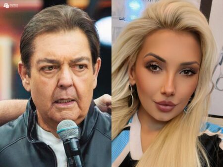 Montagem com foto de Faustão e da vidente CHALINE GRAZIK lado a lado