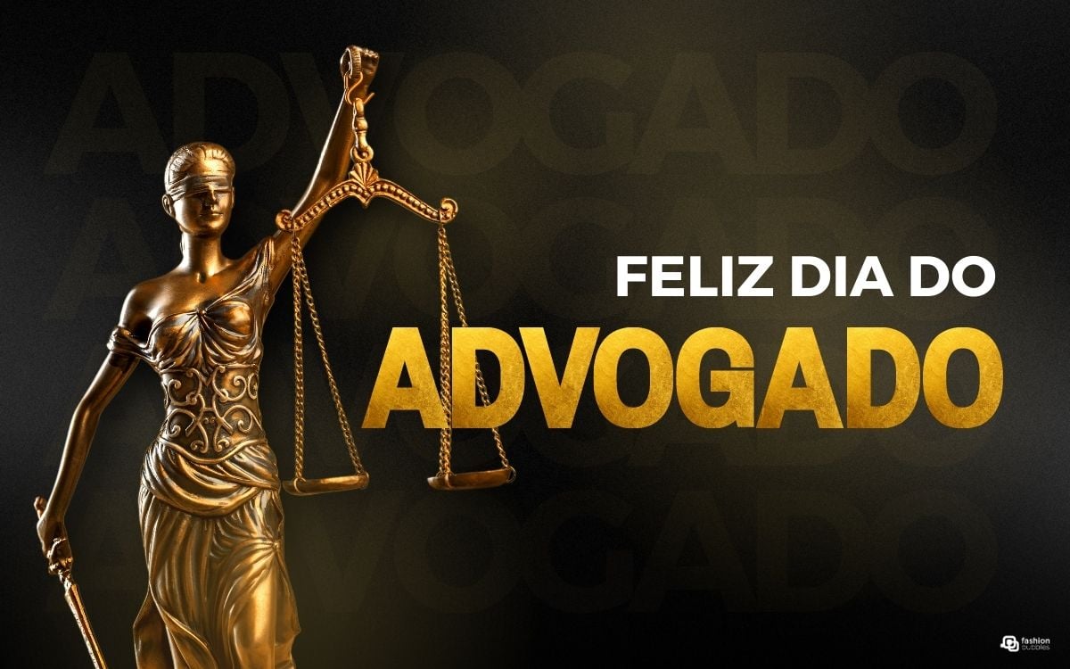 Montagem com estátua do advogado e escrito Feliz Dia do Advogado