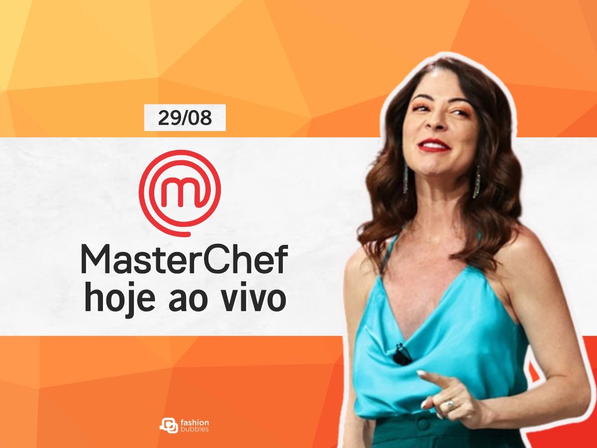 Montagem com foto de Ana Paula Padrão do MasterChef Brasil com escrito em fundo branco (logo do MasterChef + hoje ao vivo + data 29/08)