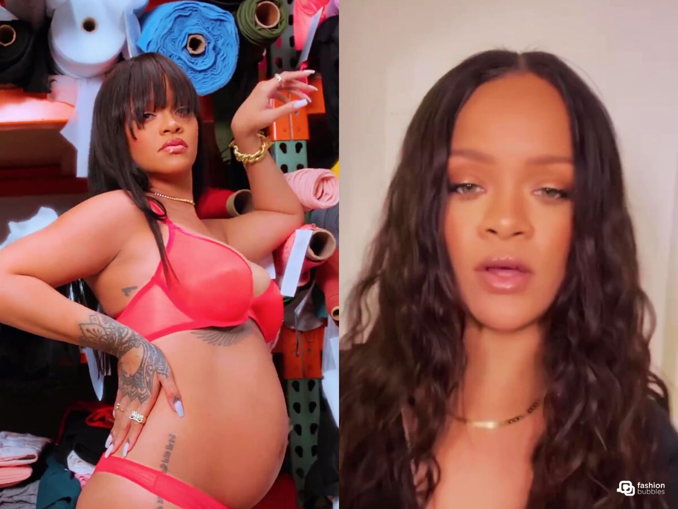 Duas fotos de Rihanna, com a barriga grávida de fora e uma selfie