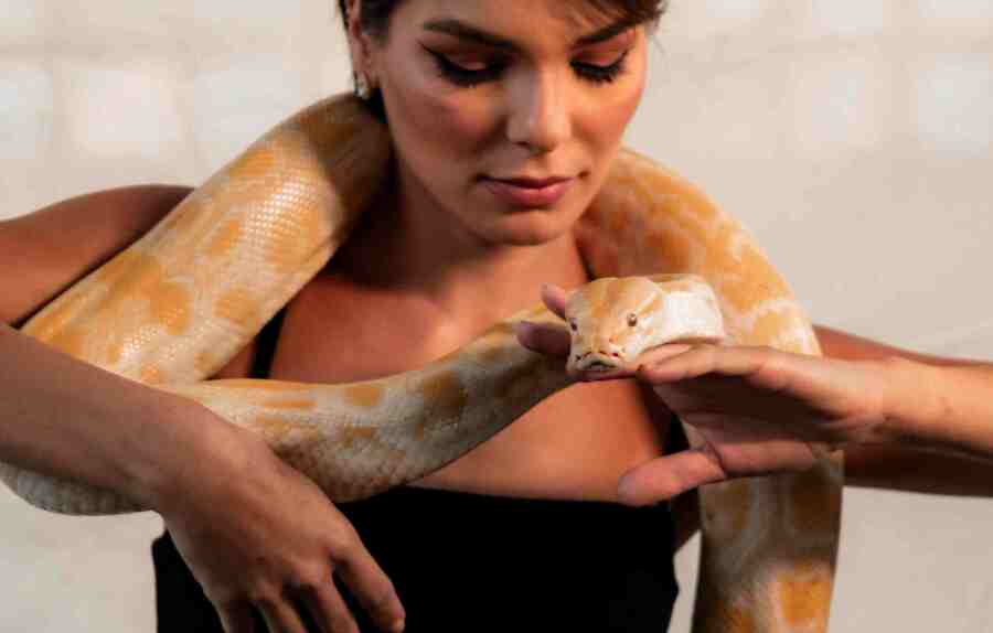 mulher segurando uma cobra que está em volta de seu pescoço