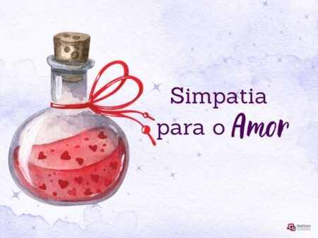 Poção do amor (ilustração) em fundo lilás com estrelas. Escrito: Simpatia para o Amor