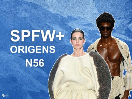 Modelos de desfiles do SPFW N55 e logo SPFW+ Origens N56 em fundo azul