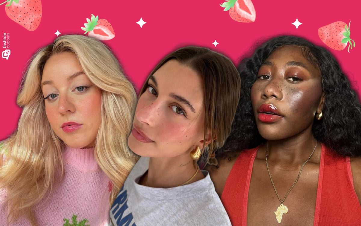 fundo rosa com foto de 3 mulheres usando strawberry makeup