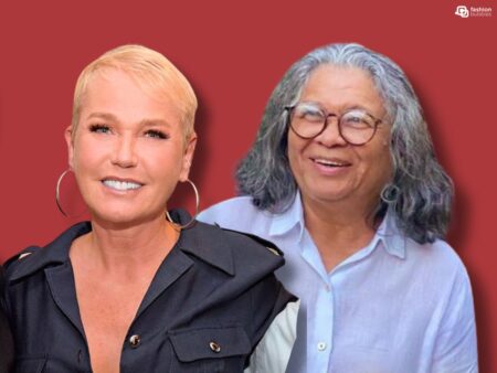 Montagem com foto de Xuxa e de Marlene Mattos, em fundo vermelho