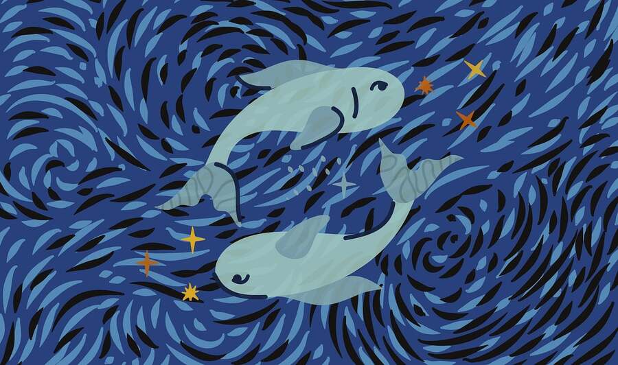 ilustração de dois peixes nadando em direções opostas para simbolizar o 12º signo do zodíaco