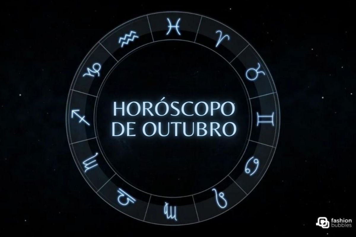 Iljustração do horóscopo com o texto "horóscopo de Outubro" no meio