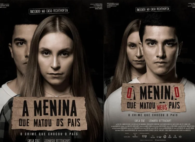 Cartazes dos filmes "A Menina que Matou os Pais" e "O Menino que Matou meus Pais"