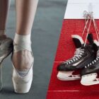 pés de mulher usando sapatilhas de ballet ao lado de patins de hockey no gelo pendurados em parede vermelha
