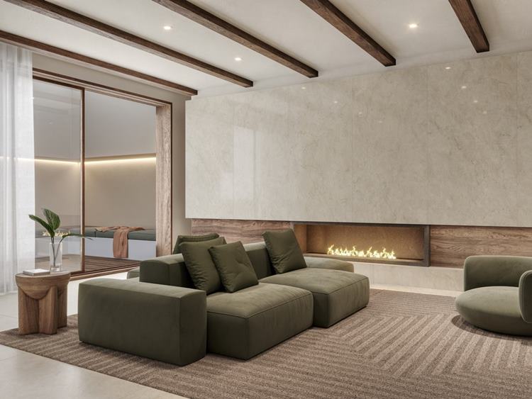 Sala com sofá verde, tapete marrom, lareira com parede em mármore - cores para sala