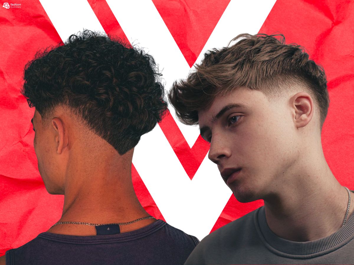 Dois rapazes com corte de cabelo em V masculino em fundo vermelho
