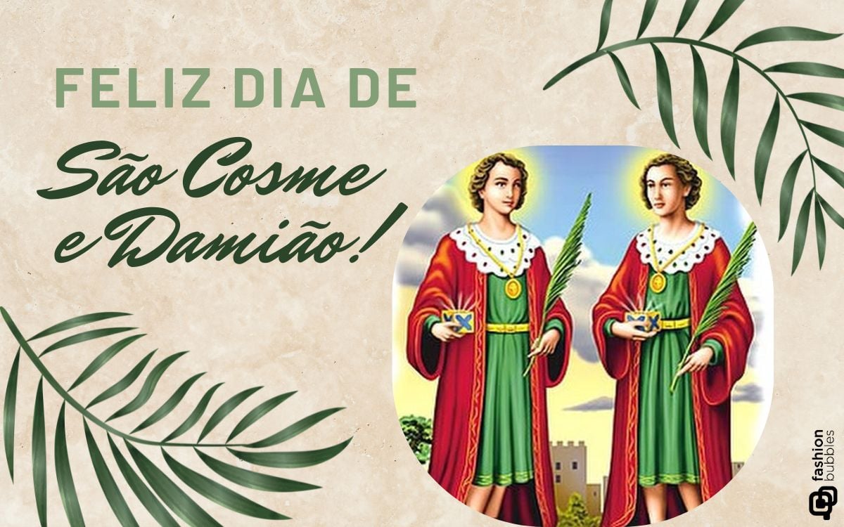 cartão de feliz Dia de São Cosme e Damião com imagem dos santos e de ramos enfeitando