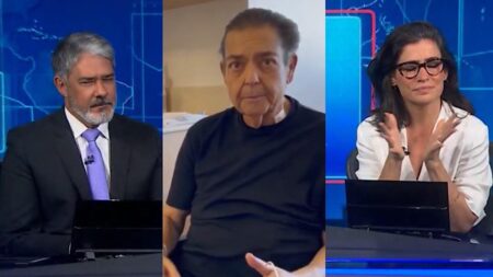 Faustão no Jornal Nacional com William Bonner e Renata Vasconcellos.