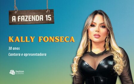 Foto de Kally Fonseca em montagem com seu nome, idade e profissão _ logo de A Fazenda 2023