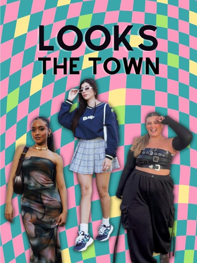 fundo quadriculado com foto de 3 looks The Town 2023