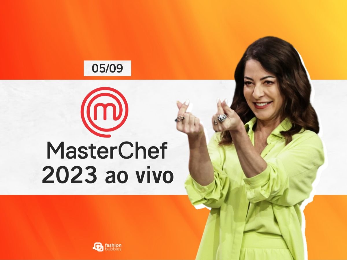 Montagem com foto de Ana Paula Padrão do MasterChef Brasil com escrito em fundo branco (logo do MasterChef + 2023 ao vivo + data 05/09)