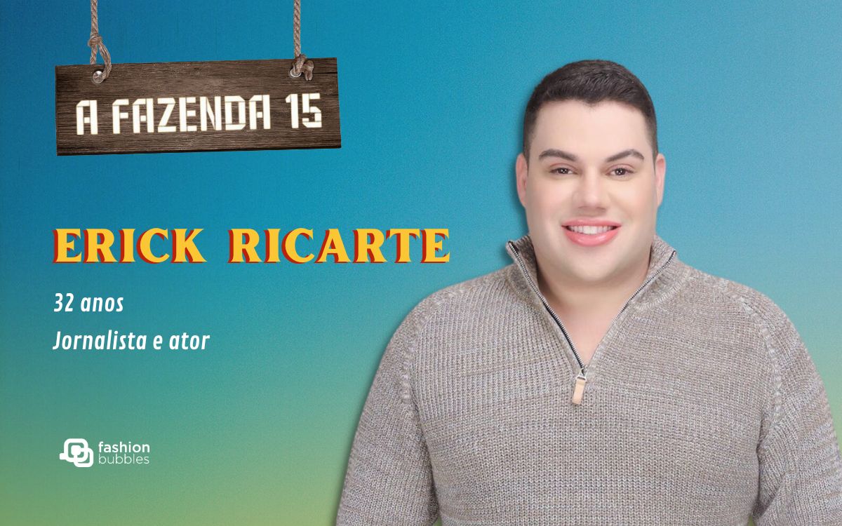 fundo azul com logo do reality show e foto de Erick Ricarte, participante de A Fazenda 15