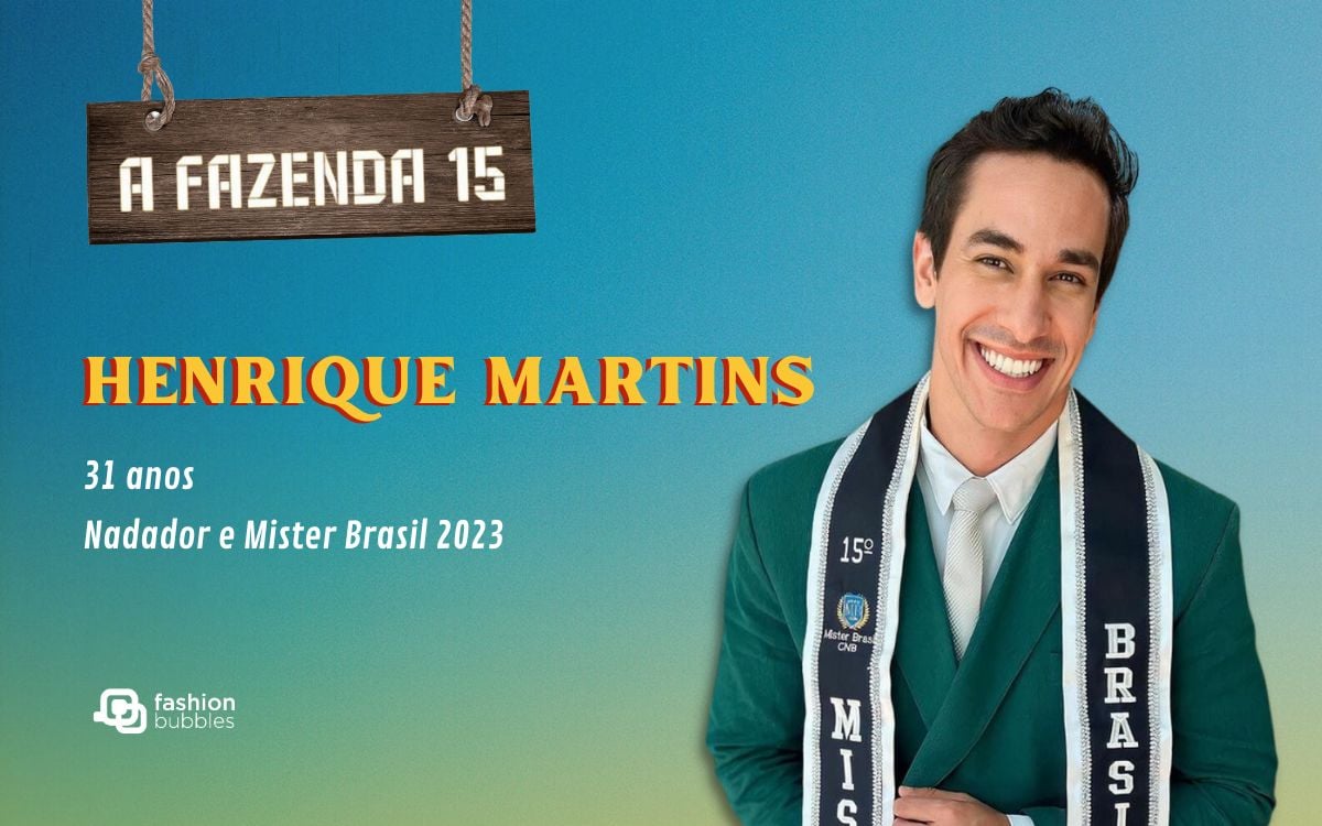 fundo azul com logo do reality show e foto de Henrique Martins, participante de A Fazenda 15