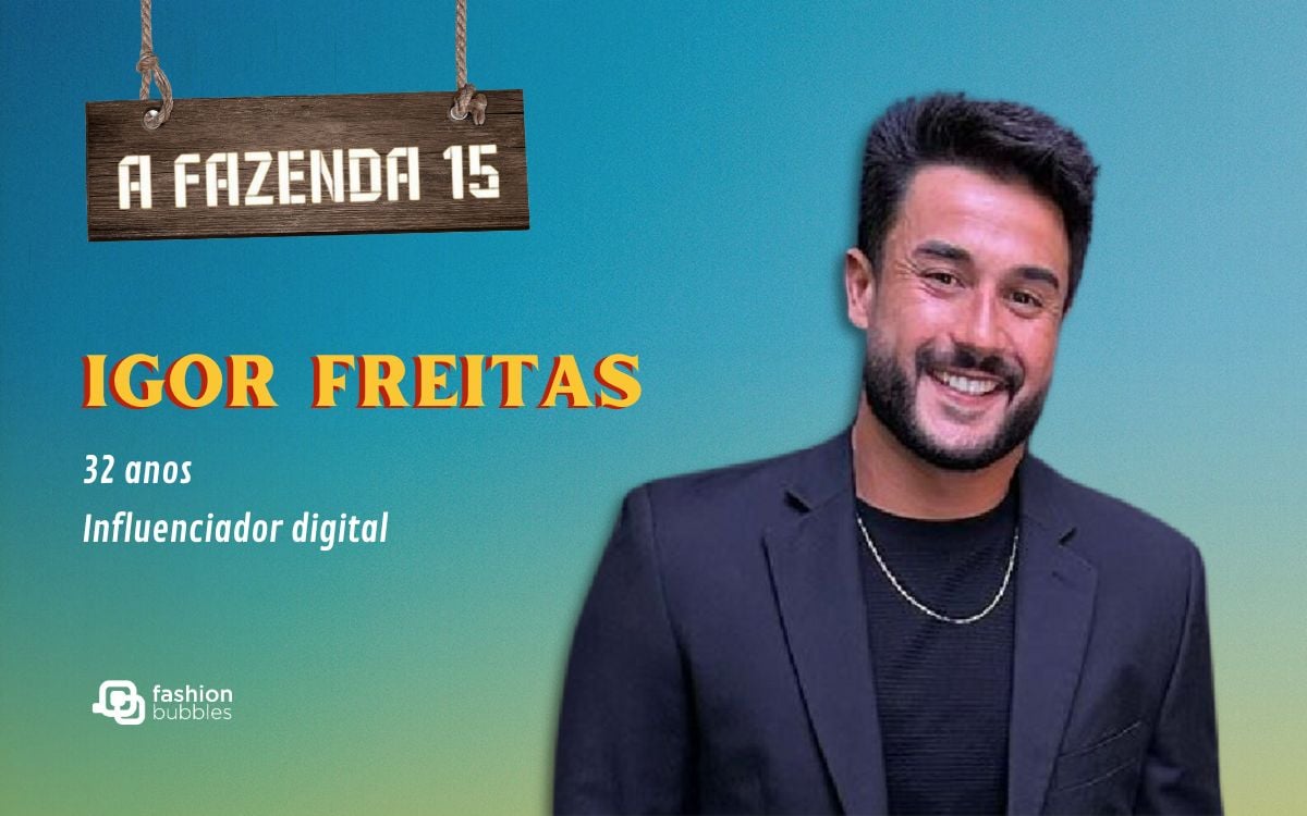 fundo azul com logo do reality show e foto de Igor Freitas, participante de A Fazenda 15