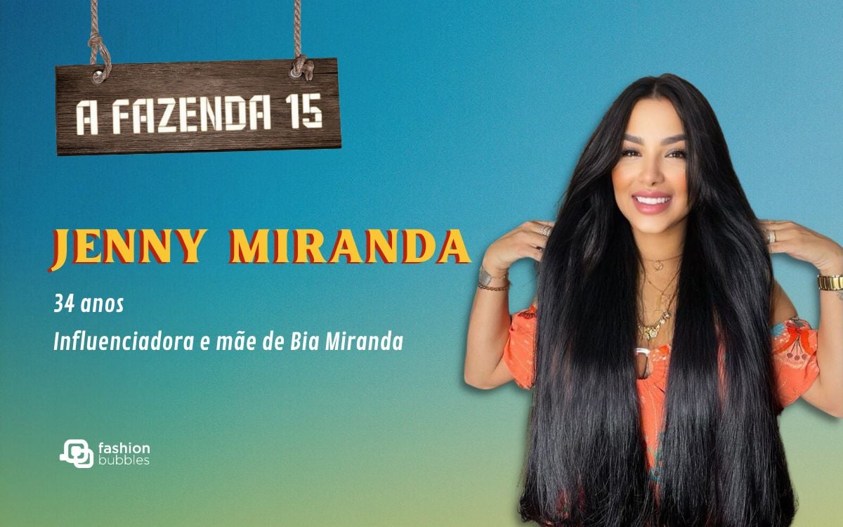 fundo azul com logo do reality show e foto de Jenny Miranda, participante de A Fazenda 15