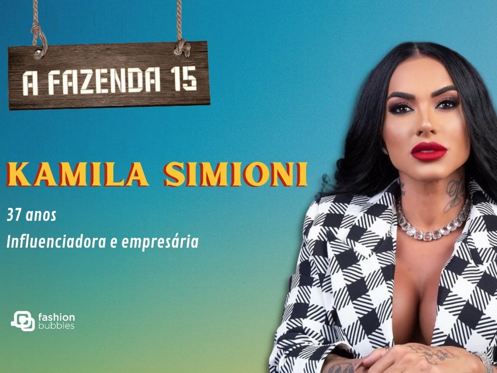 fundo azul com logo do reality show e foto de Kamila Simioni, participante de A Fazenda 15
