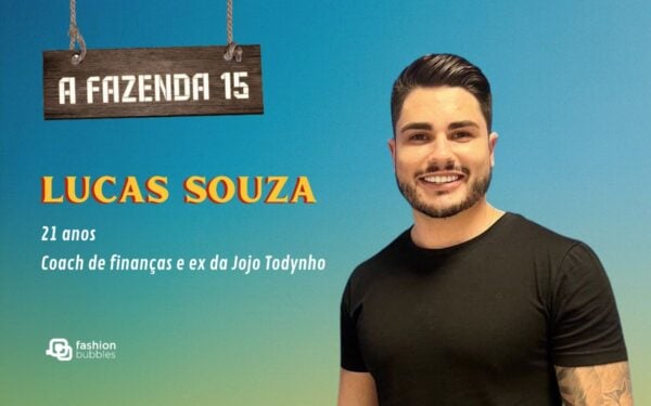 fundo azul com logo do reality show e foto de Lucas Souza, participante de A Fazenda 15