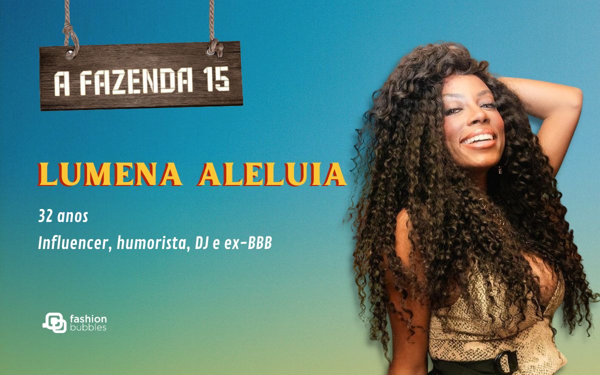 fundo azul com logo do reality show e foto de Lumena Aleluia, participante de A Fazenda 15