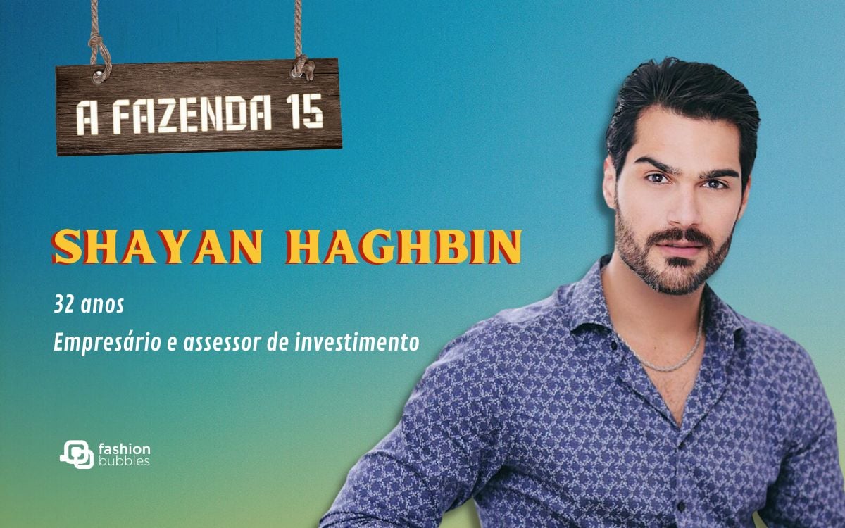fundo azul com logo do reality show e foto de Shayan Haghbin, participante de A Fazenda 15