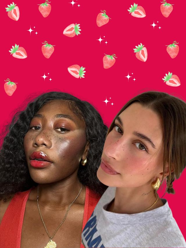 fundo rosa com morangos e mulher negra e Hailey Bieber usando strawberry makeup