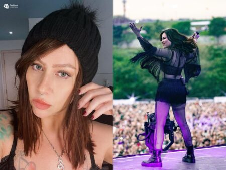 Duas fotos de Pitty: uma selfie e outra dela em palco cantando