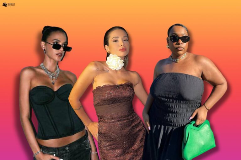 Montagem com foto de Bruna Marquezine, Bruna Gomes e outra mulher usando peças sem alças em fundo lilás mesclado