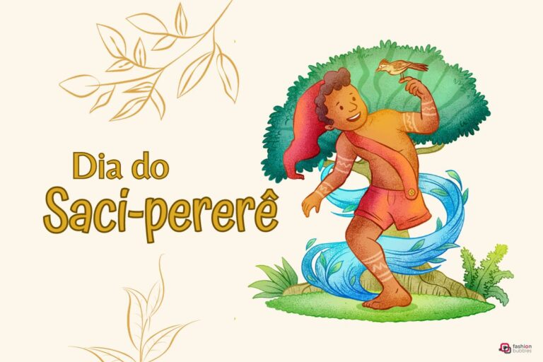 Desenho digital de saci-pererê em fundo bege com folhas e escrito "Dia do Saci-pererê"