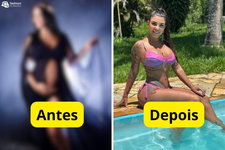 Montagem de foto de fundo azul desfocada com a palavra "antes" e foto de Jenny Miranda de biquíni roxo e rosa na piscina.