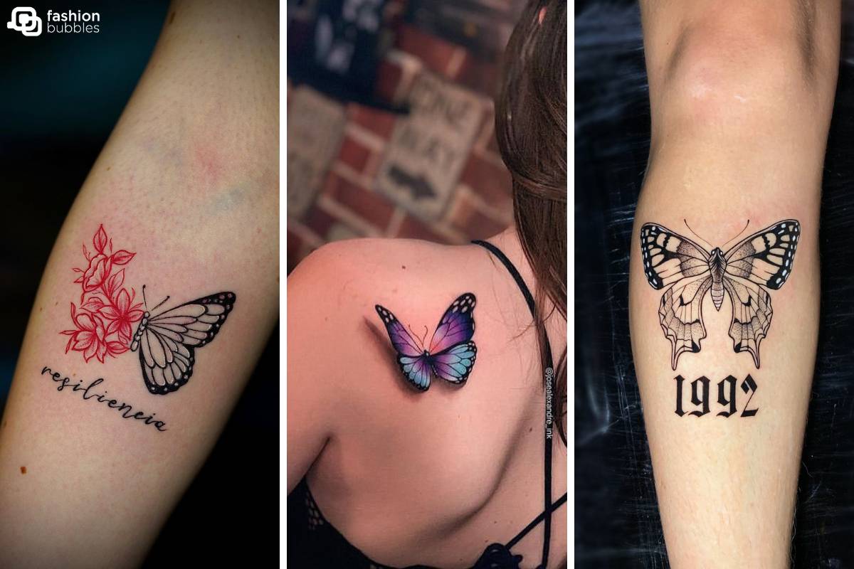 Montagem de três tatuagens mostradas na matéria. A da esquerda é uma borboleta metade vermelha com flores e metade preta. A do meio é uma borboleta azul e roxa sombreada nas costas de uma mulher. A da direita é uma tatuagem de traços mais grossos feitas na perna de um homem.