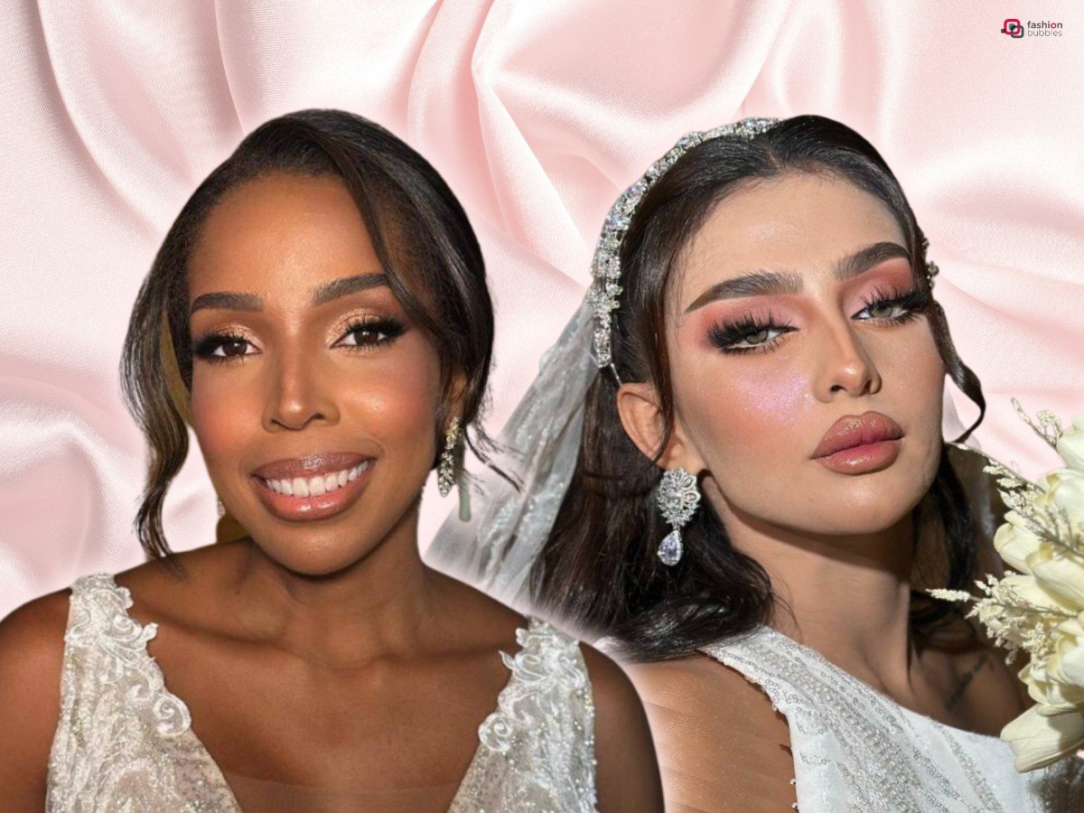 Duas noivas, uma negra e outra branca, maquiadas, com fundo seda rosa