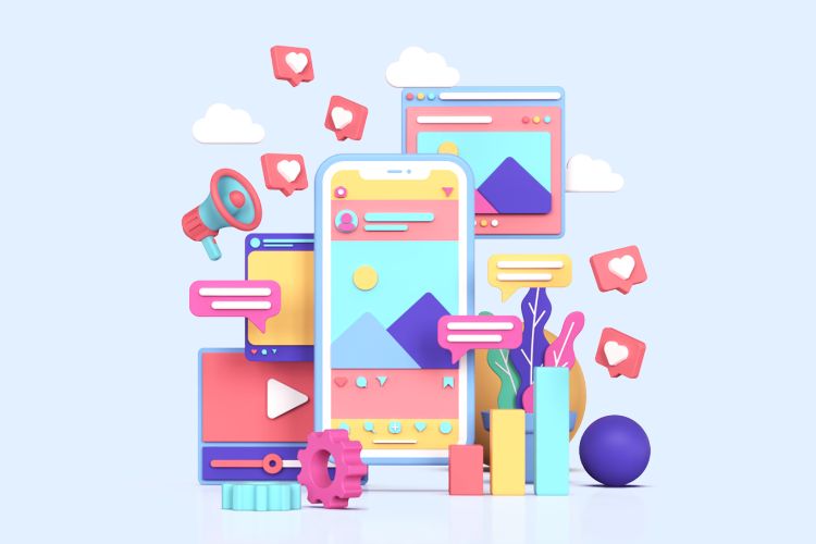 fundo azul com ilustração de celular aberto no Instagram, com símbolos de likes e conversas na rede social