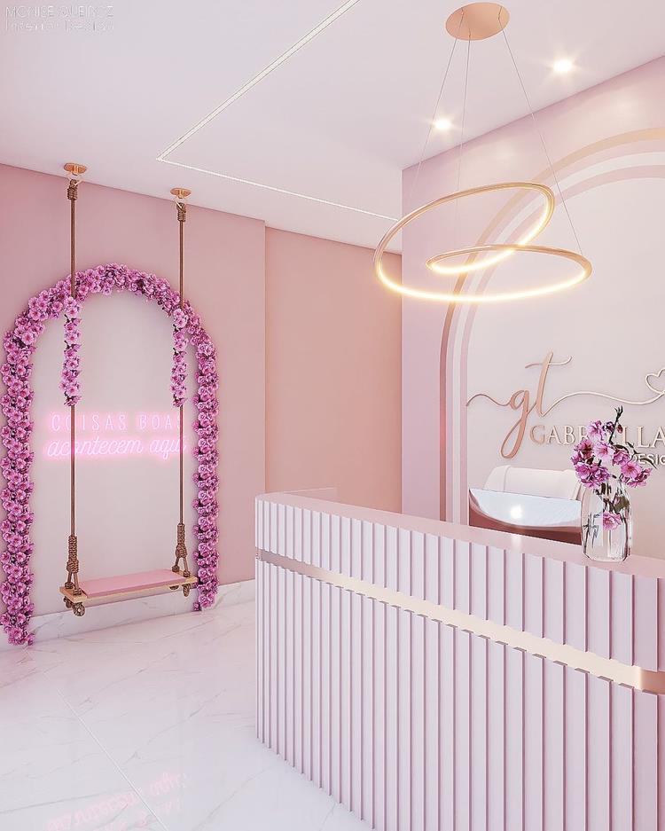 projeto 3D de entrada de espaço de estética, tons de rosa