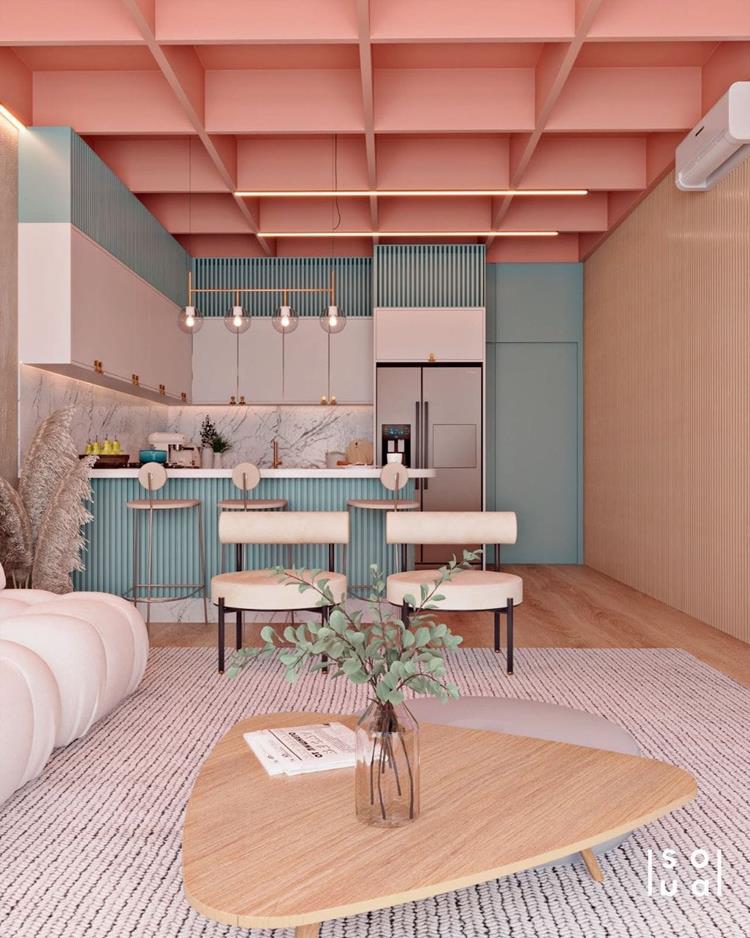 projeto digital de apartamento pequeno, cozinha e sala em tons de rosa, azul e branco